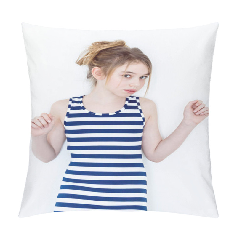 Personality  Cute Girl With Blond Long Hair Standing Near White Wall And Upwa Pillow Covers