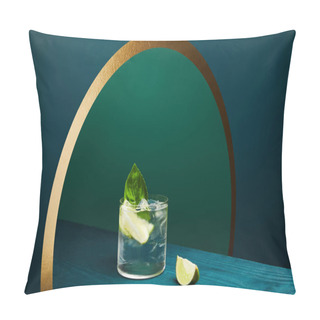 Personality  High Angle View Of Glass With Refreshing Drink With Lime, Ice Cubes And Mint Leaf On Wooden Surface On Geometric Blue And Green Background Pillow Covers