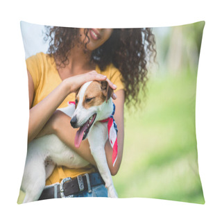 Personality  Cropped View Of Curly Woman In Summer Outfit Stroking Jack Russell Terrier Dog Pillow Covers
