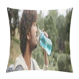Personality  Side View Of Indian Backpacker Drinking Water With Landscape On Background, Banner Pillow Covers