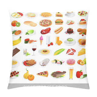 Personality  Big Vector Set: Isolated Food Icons (delicious Dishes). Healthy Food , Junk Food , Seafood, Fast Food, Drinks Pillow Covers