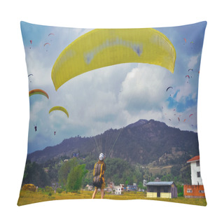 Personality  Paraglider Flying Against The Himalayas , Pokhara , Nepal Pillow Covers