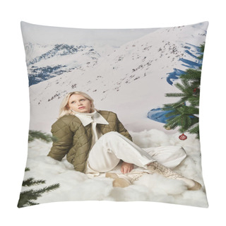 Personality  Beautiful Fashionable Woman In Stylish Attire Sitting On Snow With Crossed Legs, Winter Concept Pillow Covers
