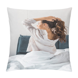 Personality  Brunette Woman Making Pony Tail While Sitting On Bed In The Morning Pillow Covers