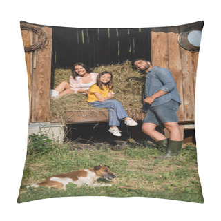 Personality  Happy Couple Looking At Camera Near Haystack In Barn And Dog On Foreground Pillow Covers