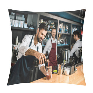 Personality  Smiling Bartender Pouring Cocktail In Glass At Wooden Counter Pillow Covers
