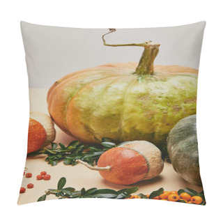 Personality  Still Life With Pumpkins And Firethorn Berries On Table Pillow Covers