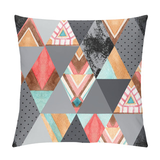 Personality  Rhombus, Triangle Seamless Pattern. Abstract Geometrical Background In 80s - 90s. Geometric Drawing With Grunge, Water Color Texture, Stripes, Tribal Ornament. Hand Painted Illustration In Retro Color Pillow Covers