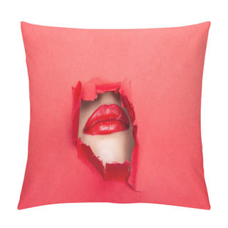 Personality  Woman With Red Lips Through Torn Paper Pillow Covers