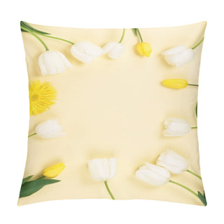 Personality  Flowers Background. Frame Of Beautiful White And Yellow Tulips On A Pale Yellow Background.Top View. Copy Space Pillow Covers