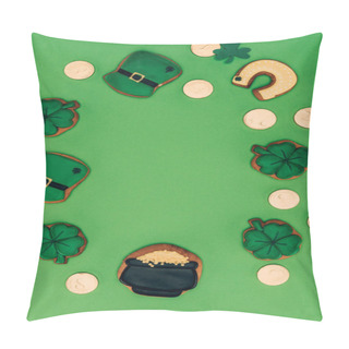 Personality  Top View Of Icing Cookies And Golden Coins Isolated On Green, St Patricks Day Concept Pillow Covers
