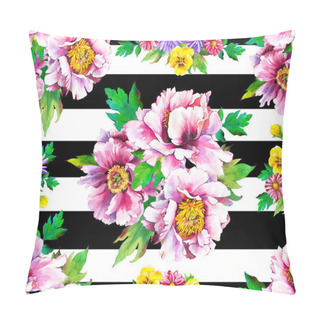 Personality  Spring Seamless Illustrations With Purple Watercolor Peonies, Pansies . Floral Pattern With Wild Flowers On A Striped Black And White Background For Your Design And Decor. Pillow Covers