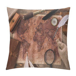 Personality  Top View Of Old World Map Near Telescope, Nib And Compass On Wooden Surface Pillow Covers