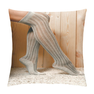 Personality  Beautiful, Shapely Female Legs In Brown Knitted, Warm Stockings, Standing On The Carpet Pillow Covers