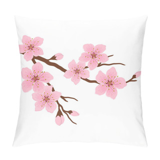 Personality  Blossoming Branch Of A Cherry. A Tree Branch With Pink Flowers And Buds On A White Background. Sakura Flowers. Vector Illustration Pillow Covers