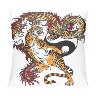 Personality  Chinese Dragon Versus Tiger. Tattoo Vector Illustration Included Yin Yang Symbol Pillow Covers