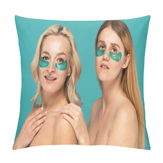 Personality  Young Women With Different Skin Conditions And Patches Under Eyes Posing Isolated On Turquoise  Pillow Covers