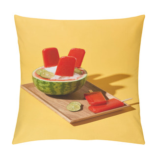 Personality  Watermelon Popsicle On Wood Tray Over Yellow Background Pillow Covers