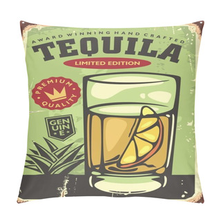 Personality  Glass Of Tequila With Lemon Slice Vintage Bar Sign. Retro Poster For One Of Most Popular Mexican Drinks. Vector Illustration. Pillow Covers