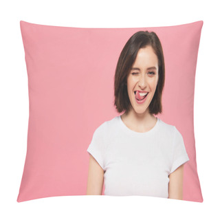 Personality  Beautiful Girl Showing Tongue And Winking Isolated On Pink Pillow Covers