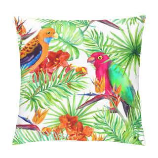 Personality  Parrots, Tropical Leaves, Exotic Flowers - Bird Flower, Orchid. Repeating Background. Watercolor Pillow Covers