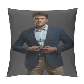 Personality  Young Beautiful Confident European Businessman. Front View Of Bearded Man With Dark Hair Clothing Formal Suit And Looking At Camera. Isolated On Dark Gray Background. Studio Shoot Pillow Covers