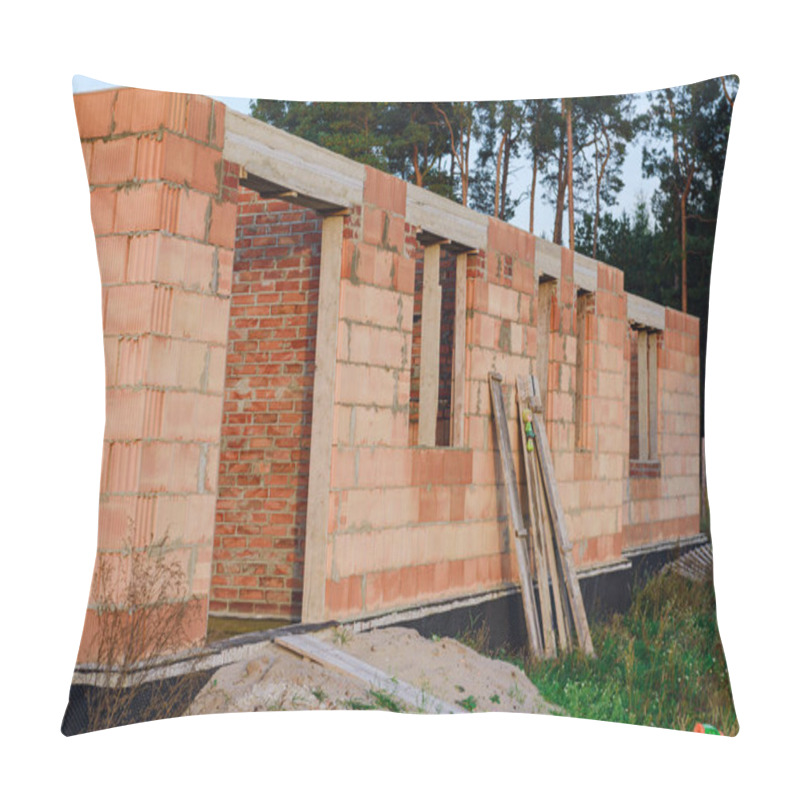 Personality  Interior of a Unfinished Red Brick House Walls under Construction without Roofing. pillow covers