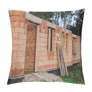 Personality  Interior Of A Unfinished Red Brick House Walls Under Construction Without Roofing. Pillow Covers