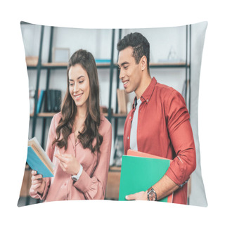 Personality  Two Multiethnic Smiling Students With Folders And Book Preparing For Lessons Pillow Covers