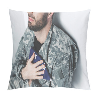 Personality  Partial View Of Depressed Military Man Sitting By White Wall And Holding Usa Military Man Near Heart Pillow Covers