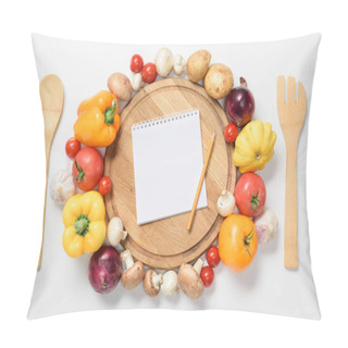 Personality  Top View Of Ripe Vegetables Around Wooden Board, Notebook And Pencil Isolated On White Pillow Covers