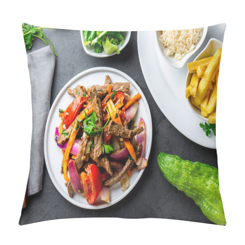 Personality  Peruvian Dish Lomo Saltado - Beef Tenderloin With Purple Onion, Yellow Chili, Tomatoes Served On White Plate With French Fries And Rice. Top View Pillow Covers