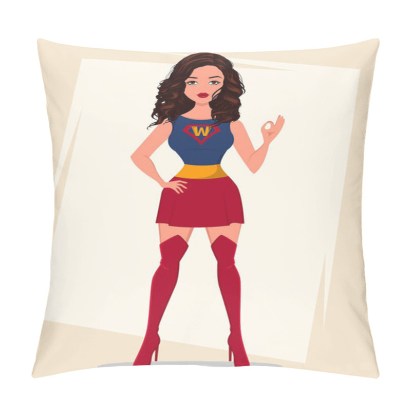 Personality  Superhero woman in costume showing OK gesture. She can do everything. Beautiful girl, cartoon character. Vector illustration pillow covers