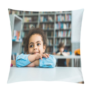 Personality  Happy African American Kid Sitting And Smiling In Library  Pillow Covers
