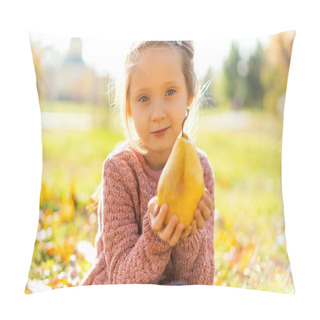 Personality  Girl 4 Years Old Walks In Autumn Park Holding A Pear Pillow Covers