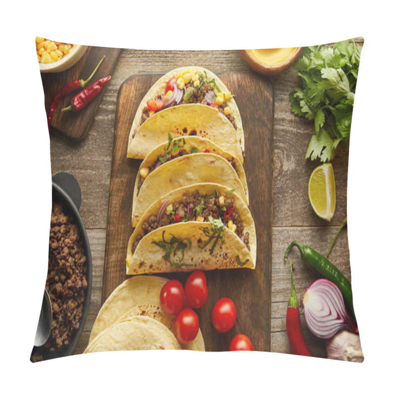 Personality  Top View Of Traditional Mexican Tacos With Organic Ingredients On Wooden Background Pillow Covers