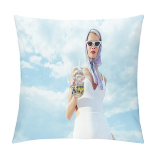 Personality  Fashionable Girl In Sunglasses And Vintage Swimsuit Holding Mason Jar With Fresh Drink Pillow Covers