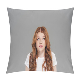 Personality  Beautiful Confused Redhead Girl Biting Lip And Looking Up Isolated On Grey With Copy Space Pillow Covers