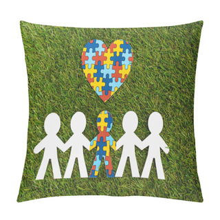 Personality  Top View Of Special Kid With Autism Among Another And Decorative Puzzle Heart On Green Pillow Covers