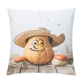 Personality  Close Up View Of Ripe Pumpkins With Drawn Smiling Facial Expression And Straw Hat On Wooden Surface And White Brick Wall Backdrop Pillow Covers