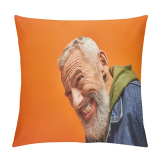 Personality  Joyful Good Looking Male Model In Fashionable Trendy Attire With Gray Beard Posing Emotionally Pillow Covers