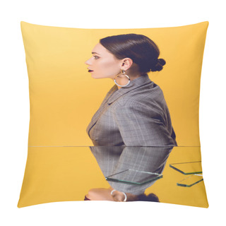 Personality  Beautiful Glamorous Woman In Formal Wear With Mirror Reflection Isolated On Yellow Pillow Covers