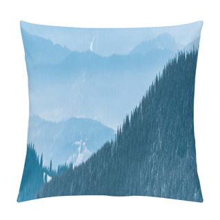 Personality  Scenic View Of Snowy Mountains With Pine Trees And White Fluffy Clouds, Panoramic Shot Pillow Covers