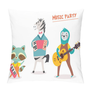 Personality  Stylish Card Or Poster With Cute Animal Band In Cartoon Style.Vector Illustration With Animal Musicians In Music Party. Pillow Covers