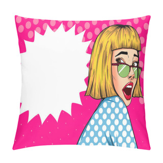 Personality  Pop Art Vintage Advertising Poster Comic Girl With Speech Bubble. Surpised Pretty Girl Pillow Covers