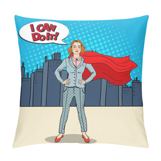 Personality Pop Art Confident Business Woman Super Hero In Suit With Red Cape. Vector Illustration Pillow Covers