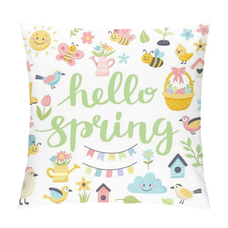 Personality  Hello Spring Lettering With Cute Birds, Bees, Flowers, Butterflies. Hand Drawn Flat Cartoon Elements. Illustration Pillow Covers