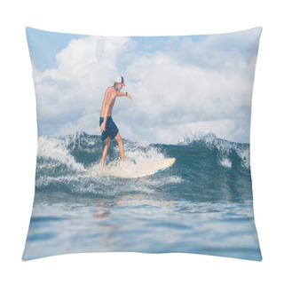 Personality  Man In Swimming Shorts And Cap Surfing In Ocean Pillow Covers