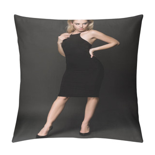 Personality  Attractive Blonde Girl In Elegant Black Dress Posing On Black Pillow Covers