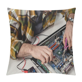 Personality  Man Using Multimeter And Tongs While Fixing Pc Pillow Covers